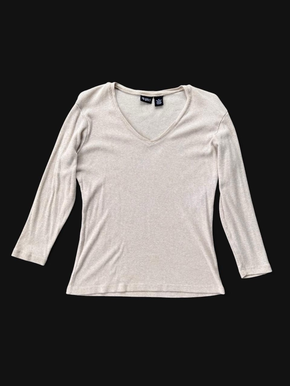 PB Basics Oatmeal Cream Ribbed V-Neck Top Size M 3/4 Sleeve 100% Cotton